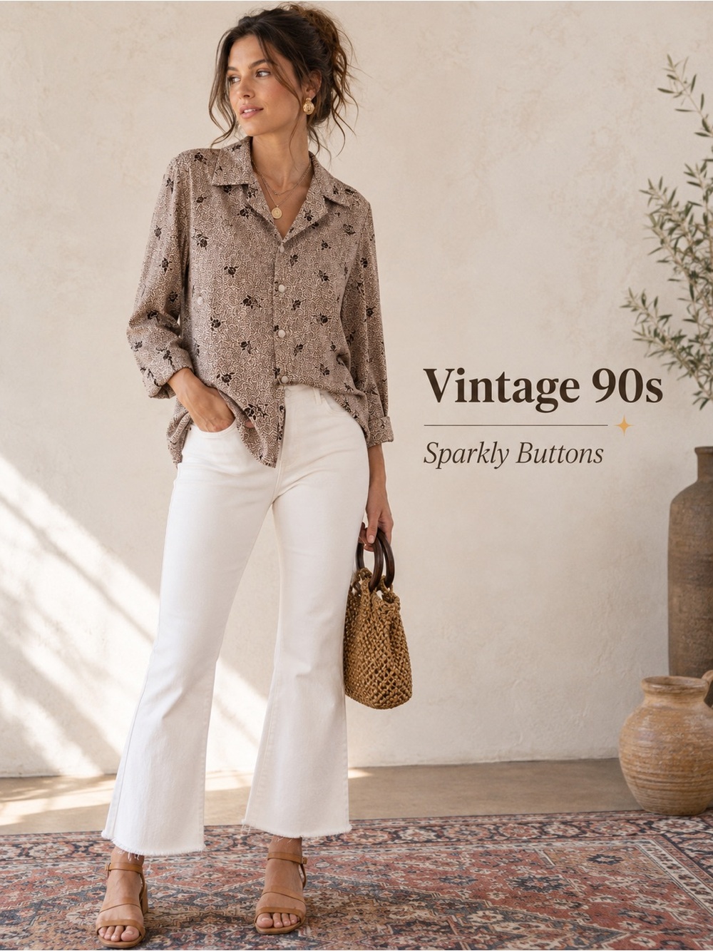 Vintage 90s Floral Blouse Large Beige Brown Sparkle Button Cottagecore Top